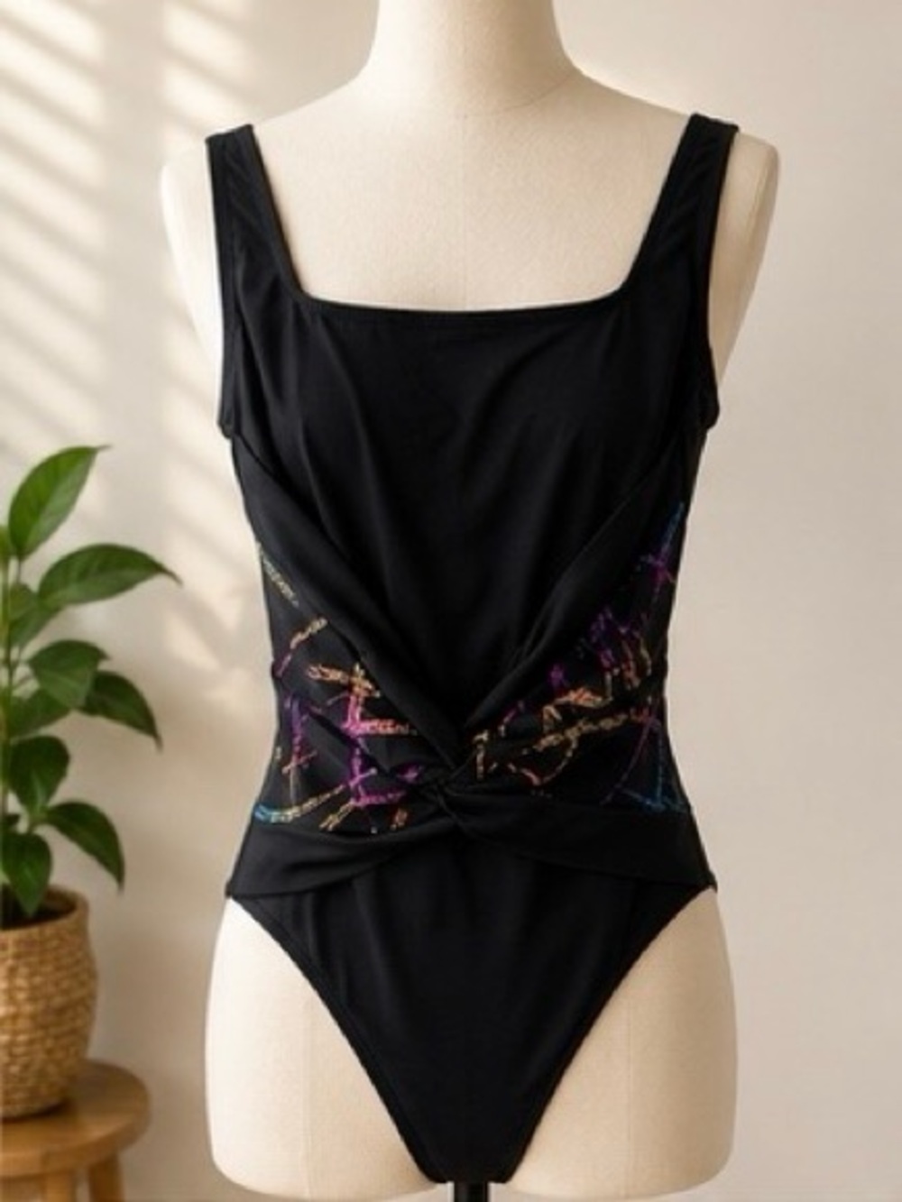 Longitude Black One Piece Swimsuit Size 8 NWT Shimmer Twist Front Tummy Control
